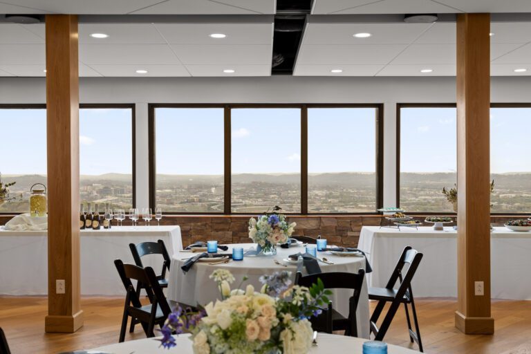 View of the Cumberland Plateau from Skyline Loft event venue. Tables are set with food and flowers