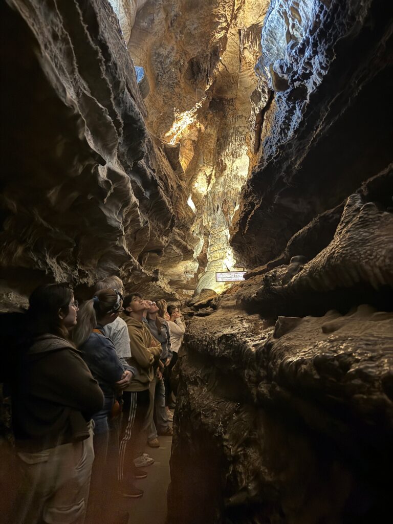 Ruby Falls guests on a Geology Tour look at formations while their guide explains the natural science of the creation of the formations.