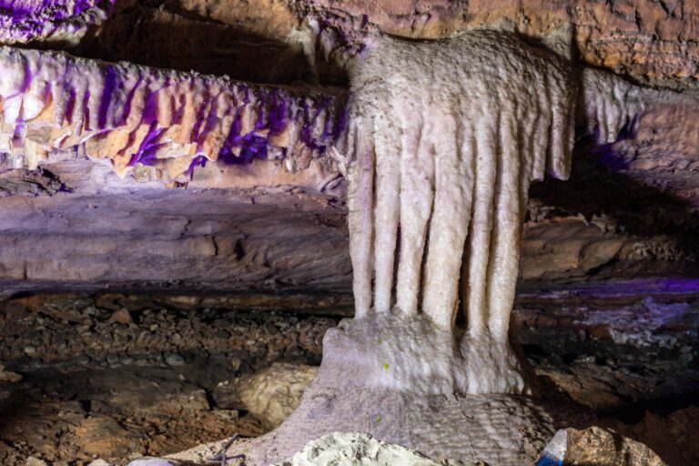 Stalactites hang from the ceiling in the 