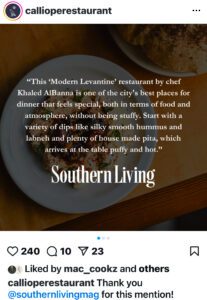 Image with quote from Southern Living Magazine about Calliope Restaurant in Chattanooga, Tennessee.