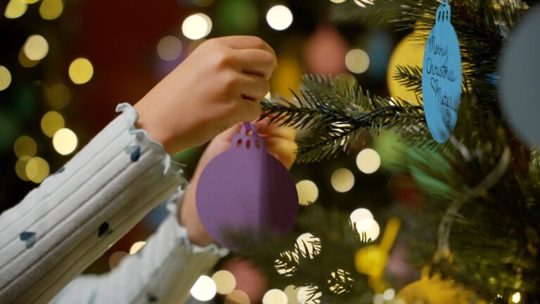Someone out of the view hanging an ornament on a Christmas tree