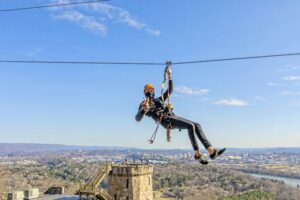 Someone ziplining
