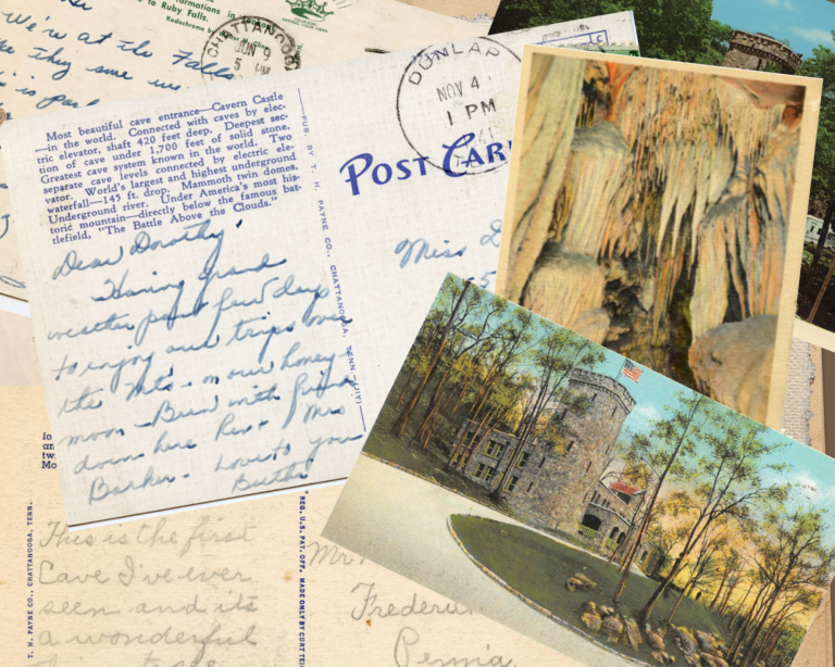 Layered vintage postcards with messages showing that were written over the early decades of Ruby Falls history.