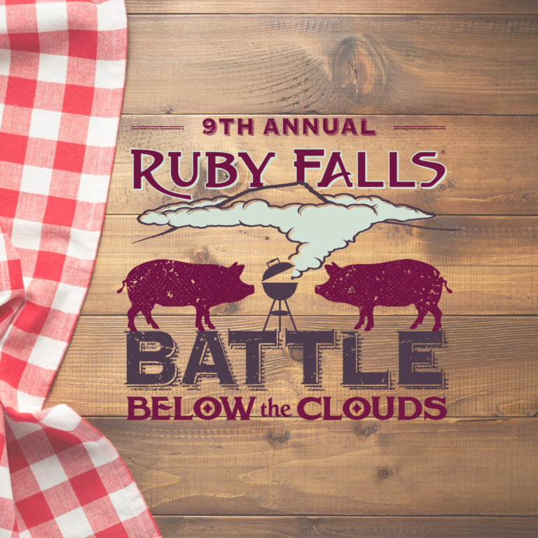 Two pigs facing barbecue with smoke rising text reading 9th annual Ruby Falls Battle Below the Clouds