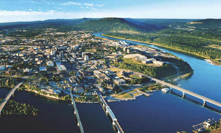 View of four bridges crossing the Tennessee River as it winds around downtown Chattanooga.