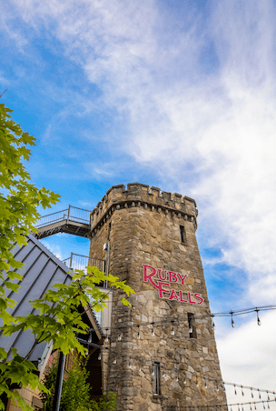 Photo of historic Lookout Mountain Tower at Ruby Falls constructed from limestone