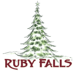 Illustrated Christmas tree above Ruby Falls logo