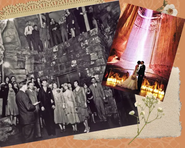 Photo collage featuring a vintage Ruby Falls photo of the first wedding in Lookout Mountain Cave and another photo of a modern day bride and groom in front of the waterfall. In the vintage photo,a group of men and women stand around a bride and groom as they say their vows while another group of wedding guests stand on top of the elevator, looking down at the wedding in progress.