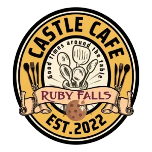 Logo with cooking utensils and a chocolate chip cookie with a bit missing 