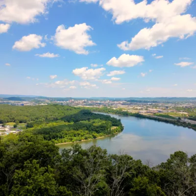 view of the Tennessee River from historic Lookout Mountain Tower at Ruby Falls 