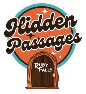 Hidden Passages logo. The text is a brown script font positioned above an arched doorway with a rustic wood door featuring a gold door knob and the Ruby Falls logo on the door.